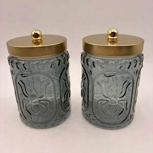 Cook With Color 2pc Glass Canister Set Spider Skull Gothic Gold Lid Halloween